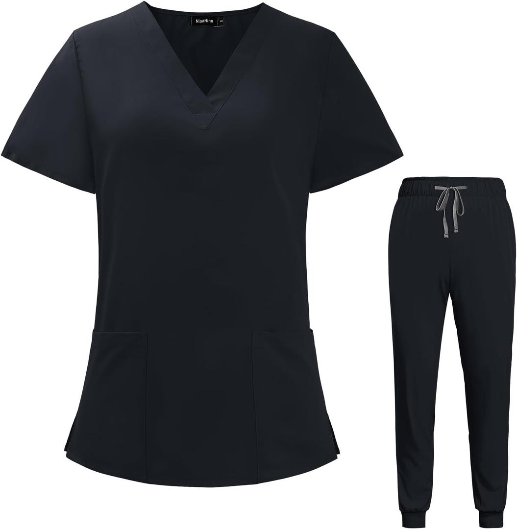 VIAOLI Scrubs for Women Set V-Neck Pocket Top & Drawstring Jogger Scrub Pants Black, Large