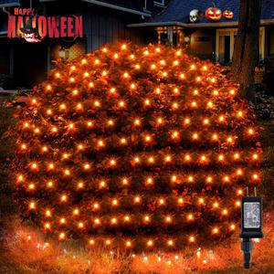 BlcTec Halloween Lights 200 LED 8.4ft x 5.2ft Orange Net Lights with 8 Modes, UL Certified, Timer, Connectable, Waterproof, Dark Green Wire for Trees, Bushes, Shrub, Lawn Halloween Decorations Outdoor
