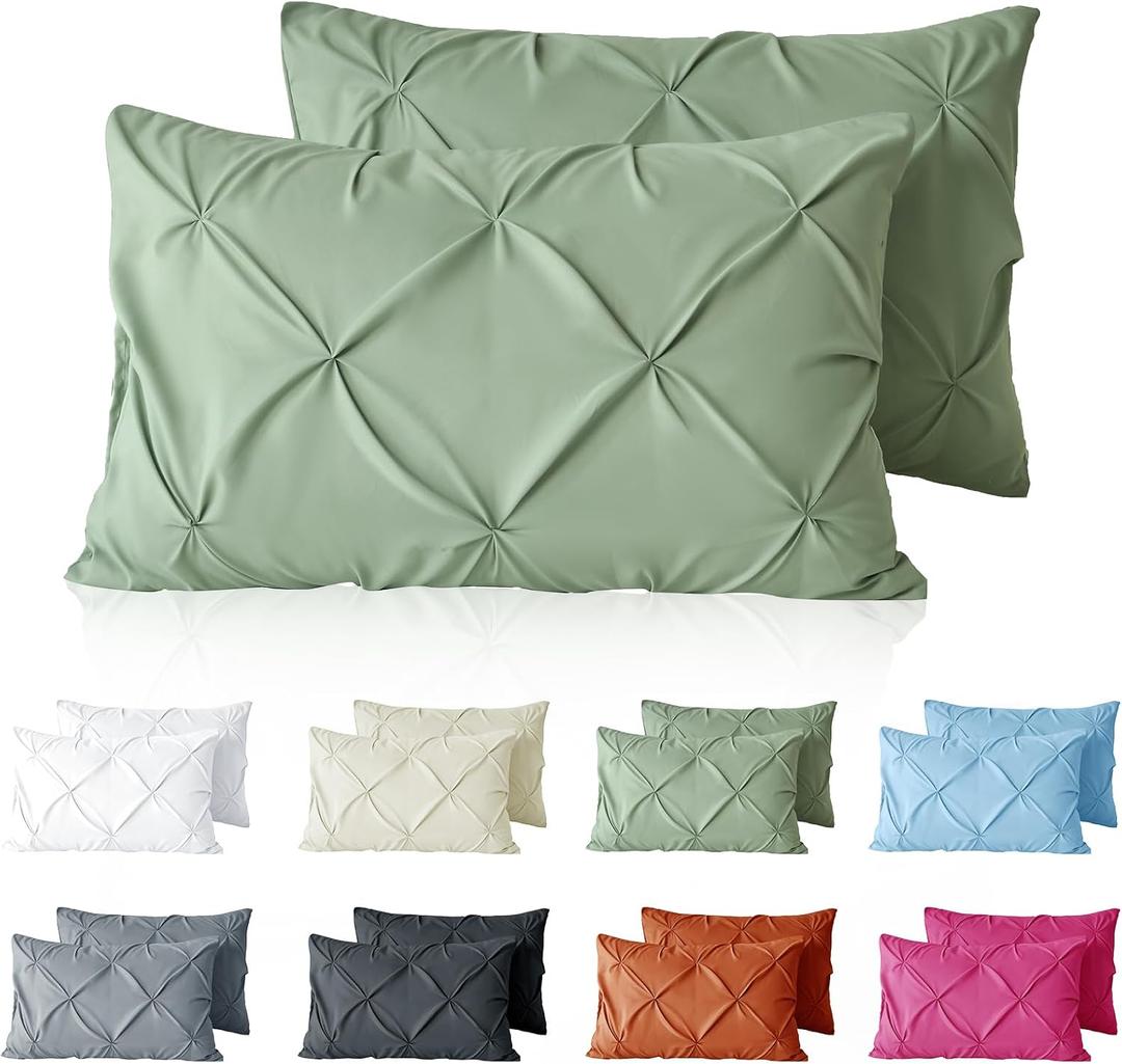 VACVELT Pintuck Pillow Cases Queen Size Set of 2, Light Green Pillow Shams Decorative Pillowcases with Envelope Closure, Pinch Pleated Microfiber Pillowcases, Wrinkle and Stain Resistant