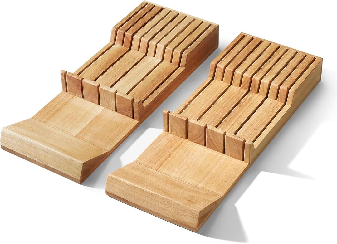 Cook N Home In-Drawer Knife Block Organizer 18-Slot, (2 Pc 9-Slot) Kitchen Knife Cutlery Holder Drawer Storage, Holds up to 18 Knives (Not Included) (Wood)