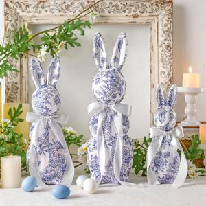 Threehoney 3 Pcs Easter Bunny Decorations Chinoiserie Blue and White Floral Rabbit Figurines 15.5/13/10 Inch Easter Bunny Centerpieces for Table Mantel Decor Spring Farmhouse Home Office Holiday Party