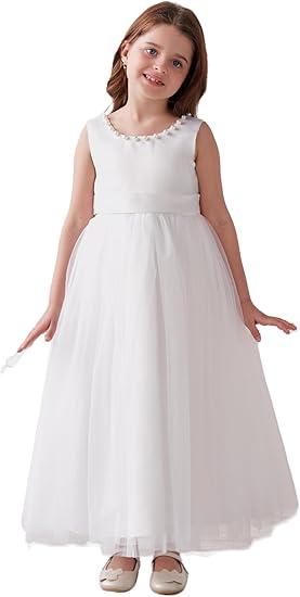 LalaMira First Communion Dress Satin/Tulle Floor-Length Flower Girl Dresses with Pearl for Wedding Ball-Gown Garden Party 130 White