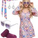 Janmercy 5 Pcs 70s Disco Outfit for Women Hippie Costumes Accessories 70s 80s Halloween Decades Party Cosplay XL