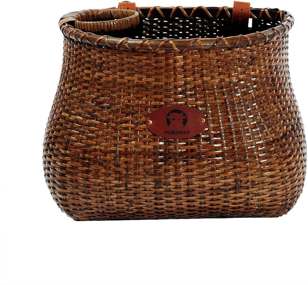 Bike Basket for Women's Beach Cruiser or Scooter The Original Wicker Bicycle Baskets with Built in Cup Holder for Front HandlebarClassic Vintage Style Handmade Natural Rattan Wicker (Stained)