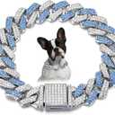 Chain Dog Collar for Large Dogs, Diamond Metal Cuban Link Dog Collar,15mm Wide Bling Sparkly Puppy Necklace for Small Medium Large Pet Dogs Cats Silver Blue(22 inch)