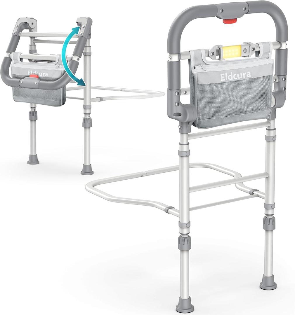 Foldable Bed Rails for Elderly Adults Safety - Heavy Duty Bed Rail for Seniors with Adjustable Height,Bed Side Rails with Motion Sensor Light and Storage Pocket,Fits King Queen Full Twin Beds,400LBS