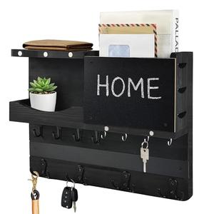 HEKOOLA Key Holder for Wall Mount with Shelf and Mail Organizer, Key and Mail Holder with 16 Hooks, Farmhouse Entryway Organizer, Home Decor Rack (Pine Wood, Black)