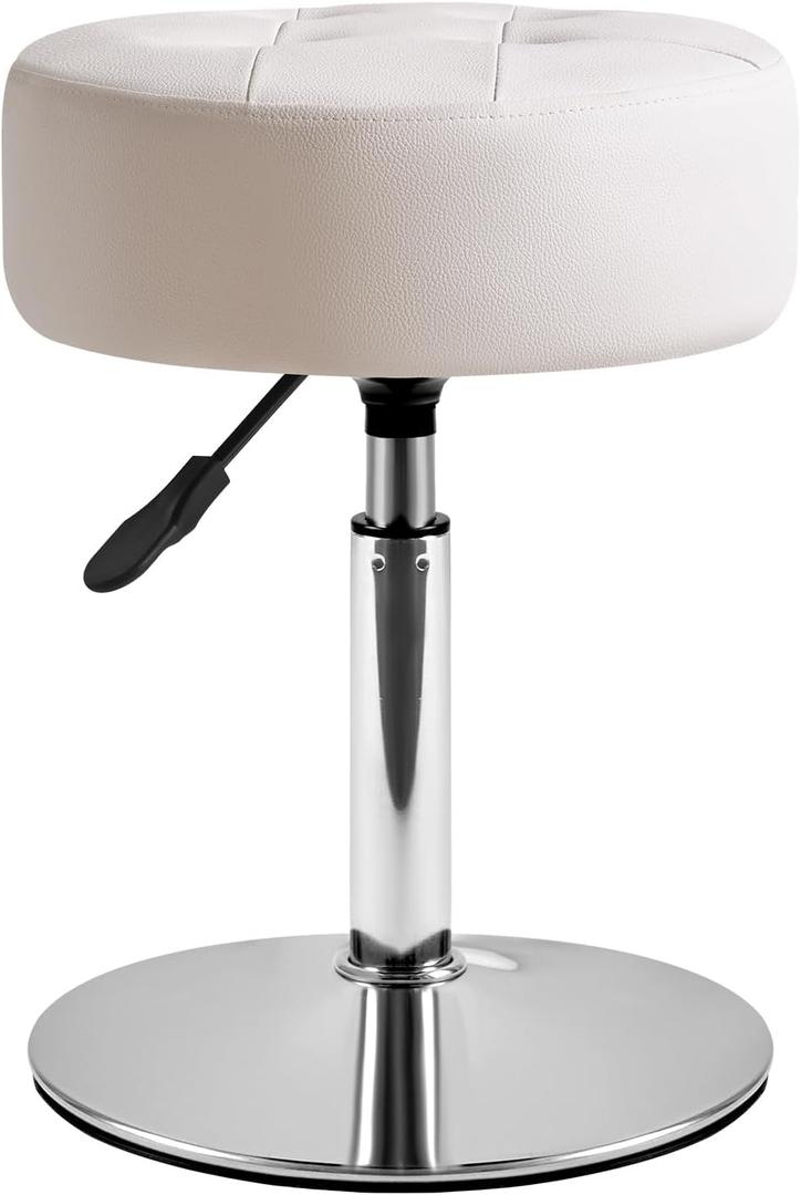 IBUYKE Height Adjustable 360Swivel Vanity Stool, Tufted Round Vanity Chair for Makeup Room, Faux Leather Vanity Stool for Bathroom, Living Room, Modern Ottoman, White WBD025W