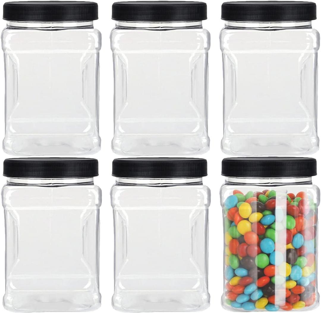 Lawei 6 Pack Clear Plastic Square Jars - 32 Oz Containers with Easy Grip Handles for Dry Goods, Cookies, Candy and More