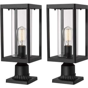 Beionxii Outdoor Post Lantern, 20inch Large Modern Lamp Post Light Fixture Exterior Pillar Lights with Pier Mount Base, Black Cast Aluminum w/Clear Cylinder Glass - A291P-2PK (NOT Solar, 110-120V AC)