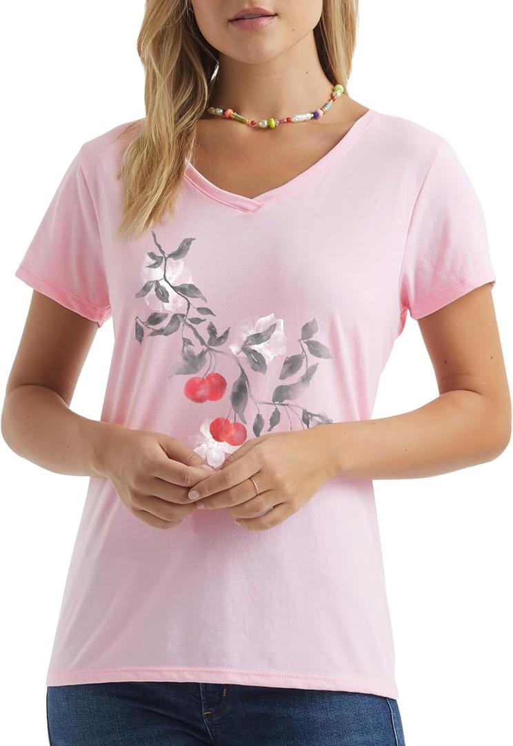 Hanes Women's Short Sleeve V-Neck Graphic T-Shirt (Pink, S)