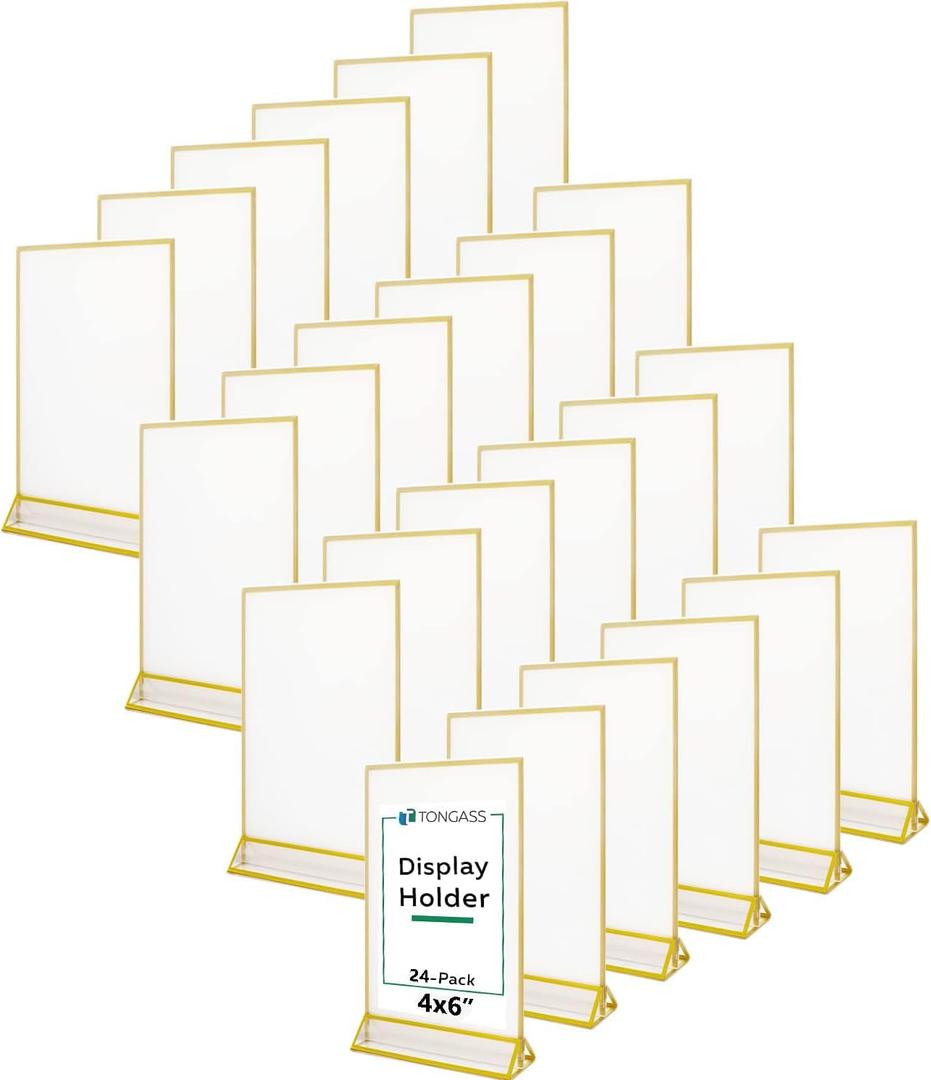 TonGass 24-Pack 4x6 Standard Double-Sided Acrylic Wedding Table Numbers Picture Frames, Clear Sign Holders with 3mm Gold Border & Vertical Stand