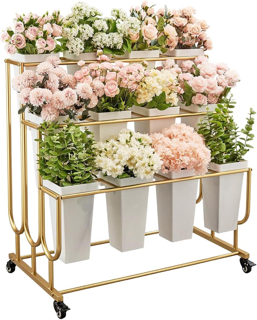 FEFZSFER Flower Display Stand Frame, 3-Tier Flower Cart with Wheels, Metal Floral Display Rack , Moving Florist Bouquet Shelf for Shop ,Flower Bar, Events ,without Buckets (Gold, 3 Tier)