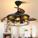 42Inch Retractable Ceiling Fans with Lights Remote Control Caged Industrial Farmhouse Ceiling Fans Rustic Black Ceiling Fan for Living Room Bedroom Patio Kitchen