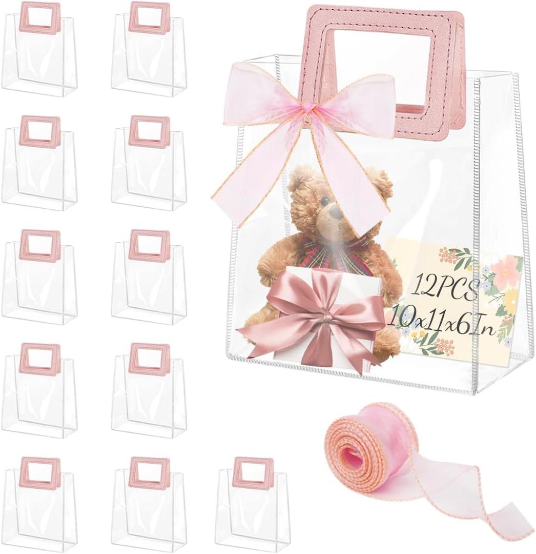 12 Pcs Clear Gift Bags with Handles, Transparent PVC Gift Bag with Ribbon, Reusable Plastic Shopping Bags, Heavy Duty Gift Wrap Bags for Bridal Party Baby Shower Wedding Birthday (10x11x6In-Large) (12Pcs-10x11x6In-Large)