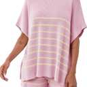 Fisoew Women's Striped 2 Piece Outfits Oversized Batwing Short Sleeve Tops High Waisted Shorts Summer Knit Lounge Short Sets (Large, Pink)