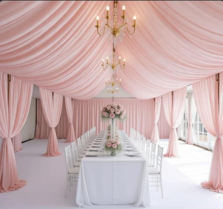 10 Panels Blush Pink Ceiling Drapes for Wedding, 5ft x 30ft Light Pink Sheer Fabric Ceiling Curtains for Gender Reveal Party Photo Background Birthday Decoration, Tent Drapes