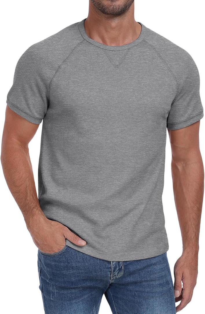 NITAGUT Mens Casual Waffle T-Shirts Short Sleeve Crewneck Solid Summer Tees (X-Large, Dark Gray)