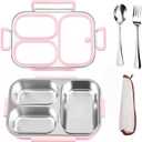 25oz 18/8 Stainless Steel Lunch Box Kit (Bento Box + Fork/Spoon) - 3 Leakproof Compartments - Metal Snack Box for Kids & Adults - School/Office/Travel - Dishwasher Safe (Pink)