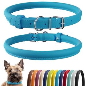 CollarDirect Rolled Leather Dog Collar, Soft Padded Round Puppy Collar, Handmade Genuine Leather Collar Dog Small Large Cat Collars 13 Colors (S, Light Blue Smooth)