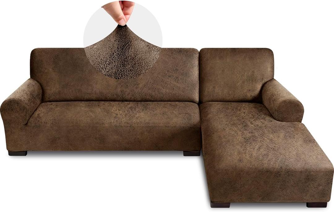Sectional Couch Covers, Leather Look Sofa Cover L Shape 2PCS Soft Stretch Slipcover for Sectional Sofa, Non Slip Furniture Protector (3 Seat Sofa + 3 Seat Left Chaise, Brown)