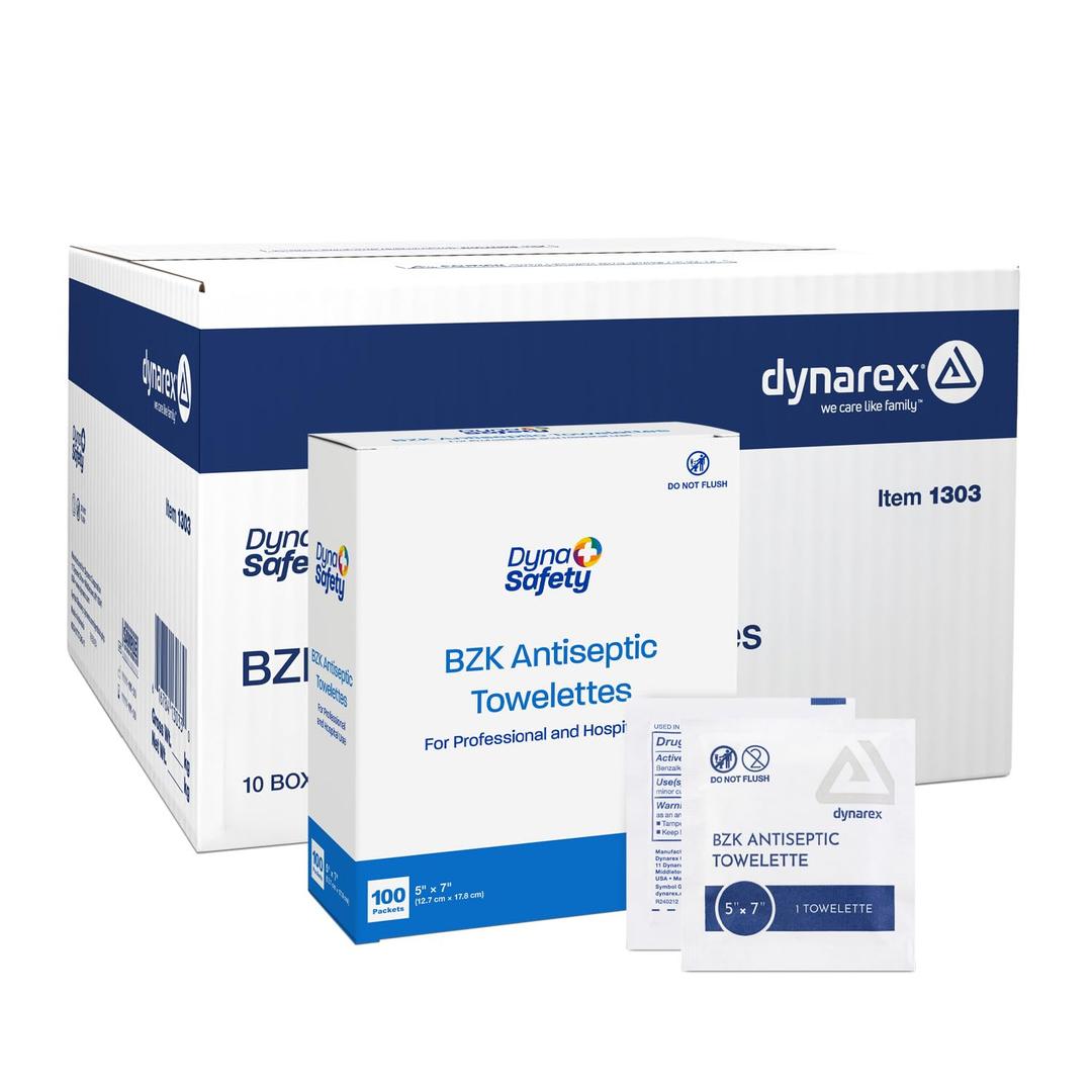 Dynarex BZK Antiseptic Towelettes, Moist Sanitizing Wipes Designed to Protect Minor Wounds, 5" x 7", Disposable & Individually Wrapped, 1 Case - 10 Boxes of 100 