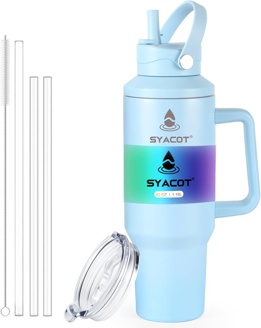 40 oz Tumbler with Handle and Straw or Convert to 40 oz Insulated Water Bottle Fits in Cup Holder. Stainless Steel Metal Water Flask with 2 Lids for Travel,Camping,Gym Sports Coffee Mug Thermal Cup (Blue Haze)