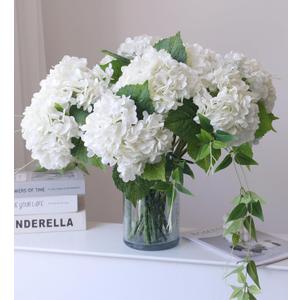 Buart 3PCS Long Stem Big Size Flowers Artificial Silk Hydrangea Lifelike Flowers Real Touch White Artificial Flowers Wedding Shower Bride Bouquets Office Living Room Table Decorations (21 Inch)