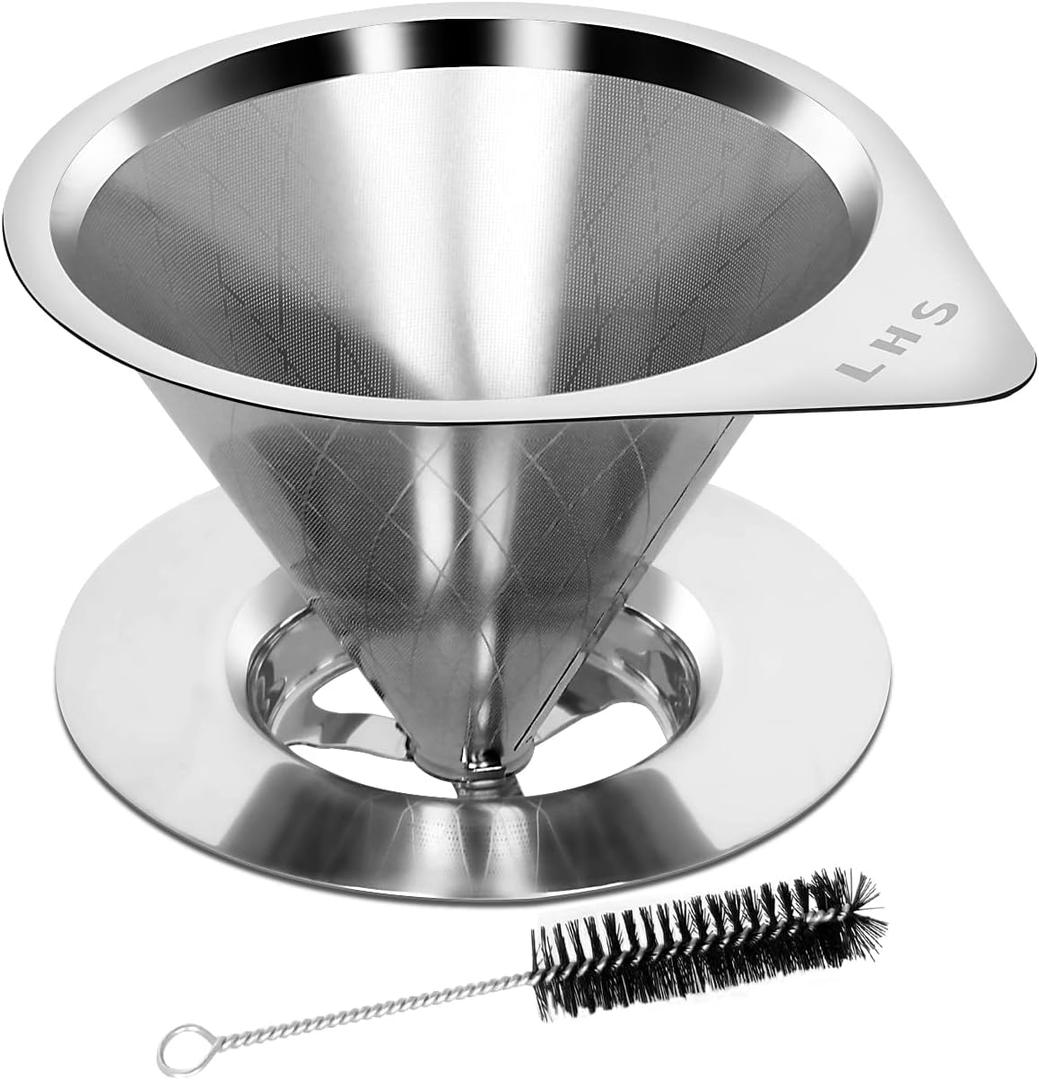 LHS Pour Over Coffee Dripper Reusable Coffee Filter Paperless Coffee Filter Stainless Steel Pour Over Coffee Maker Cone Coffee Dripper for 1-2 Cup,Argyle Pattern (single mesh 1-2 cups Argyle Pattern)