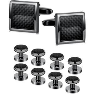 10Pcs Cufflinks for Men Classic Design Carbon Fiber Cufflinks Tuxedo Shirt Stud Set for Wedding Business Birthday Meeting Black Tone Cufflinks