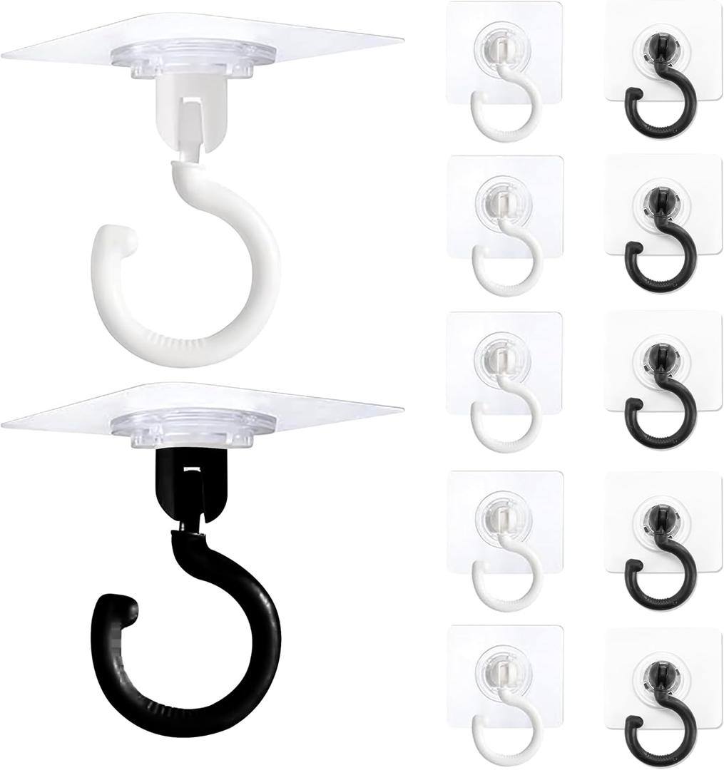 12Pcs Adhesive Ceiling Hooks Heavy Duty No Drill 360 Rotating, Swivel Utility Strong Self Sticker Wall Hook Sticky Under Cabinet for Hanging Purse Bag Small Plant Hanger, 3Inch Waterproof, BlackWhite