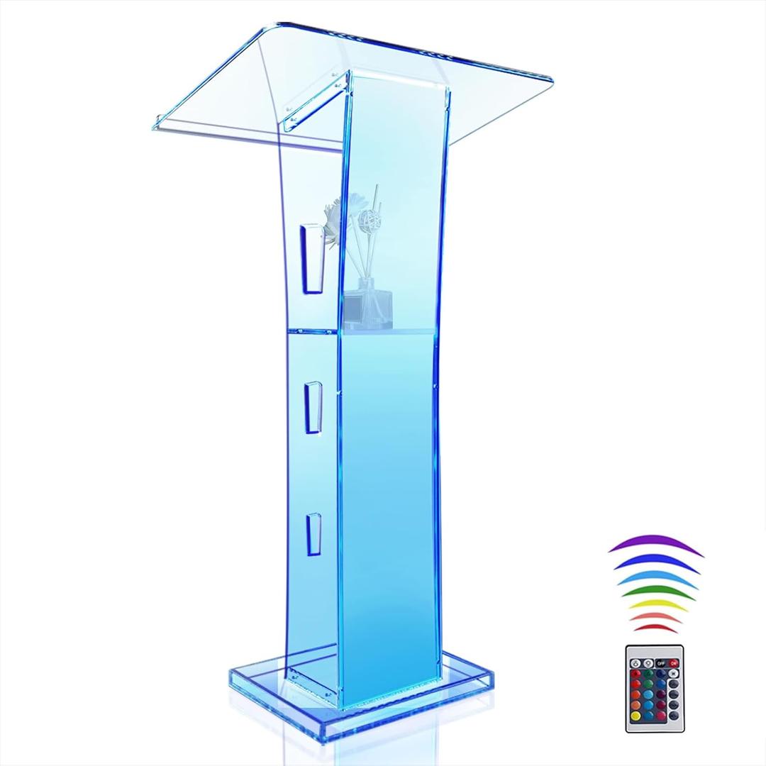 Devloutt Acrylic Podium Stand, Ultra Clear 43'' Pulpits for Churches with 15 Color Adjustable, Modern Lectern with Storage Sheld for Church,Conference,Speech,Classroom, 23.62”x 15.75”X 43.3”