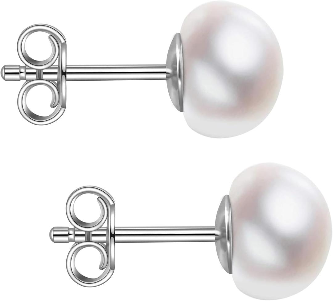 Handmade Pearl Earrings, Sterling Silver White Button Freshwater Cultured Pearl Stud Earrings for Women (6.0-6.5mm)