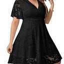 SCOMCHIC Women Plus Size Lace Cocktail Dresses Faux Wrap V Neck Short Sleeve Flowy A Line Wedding Guest Midi Dress Black 2XL