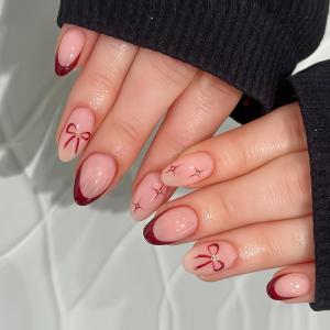 Red Bow Press on Nails - Short Oval Fake Nails, Red French Tip False Nails Press ons with Star Design, Glossy Acrylic Full Cover Cute Glue on Nails for Women Manicure 24Pcs