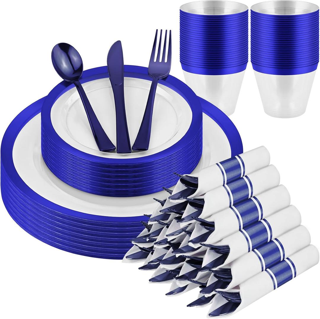 210 Pcs Blue Plastic Dinnerware Set for 30 Guests - Includes 30 Set of Dinner Plates, Dessert Plates, Clear Plastic Cups, and Blue Pre-Rolled Napkins with Cutlery Set, Disposable Party Supplies