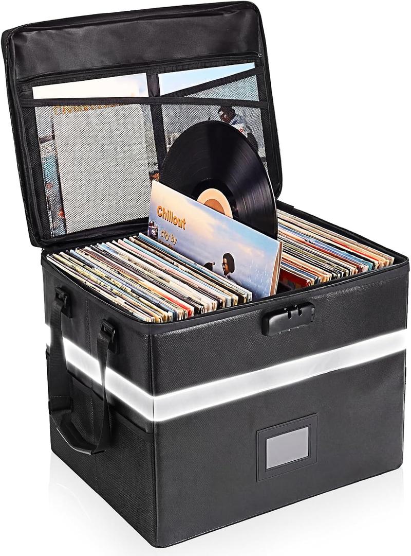 MEBRUDY Vinyl Record Storage Box with Lock, Fireproof & Water Resistant Album Storage for 150+ Records 12 inch, LP Storage Case with Adjustable Handle for Collectors, 16.7" x 13" x 13"