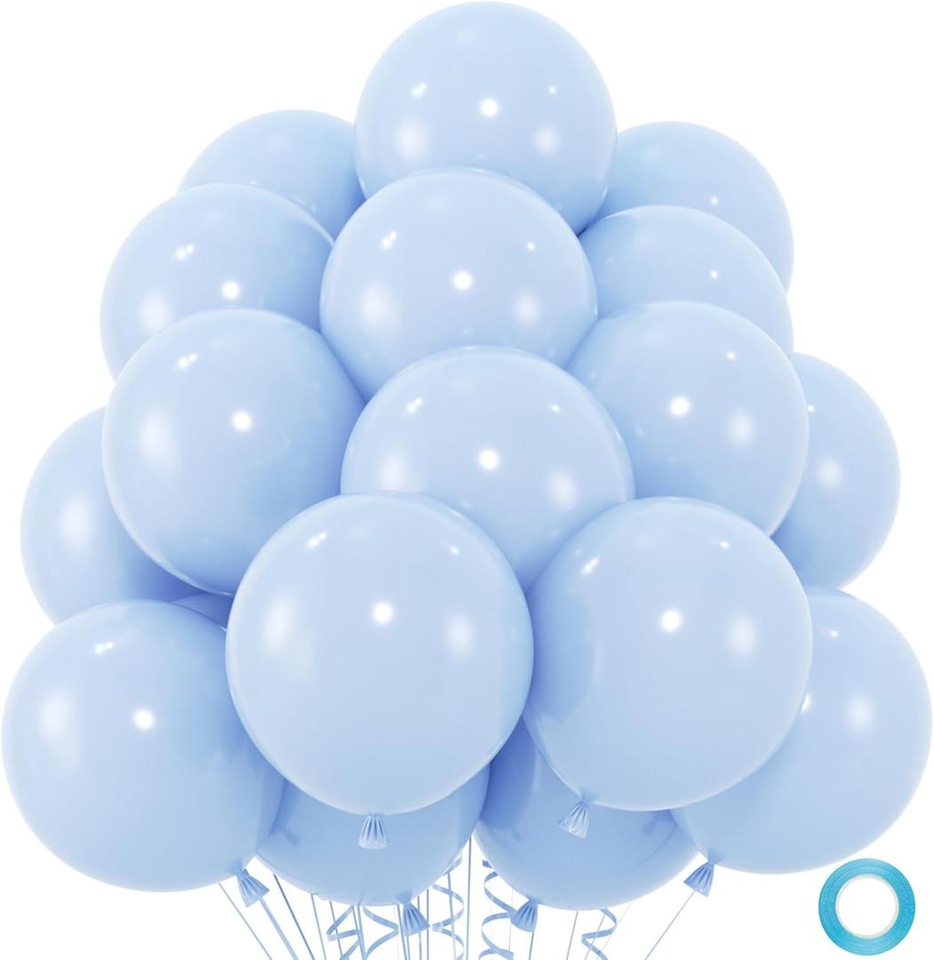 50pcs Pastel Blue Balloons, 12inch Light Blue Balloon for Birthday Baby Shower Gender Reveal Wedding Party Decoration (With Ribbon & Glue)