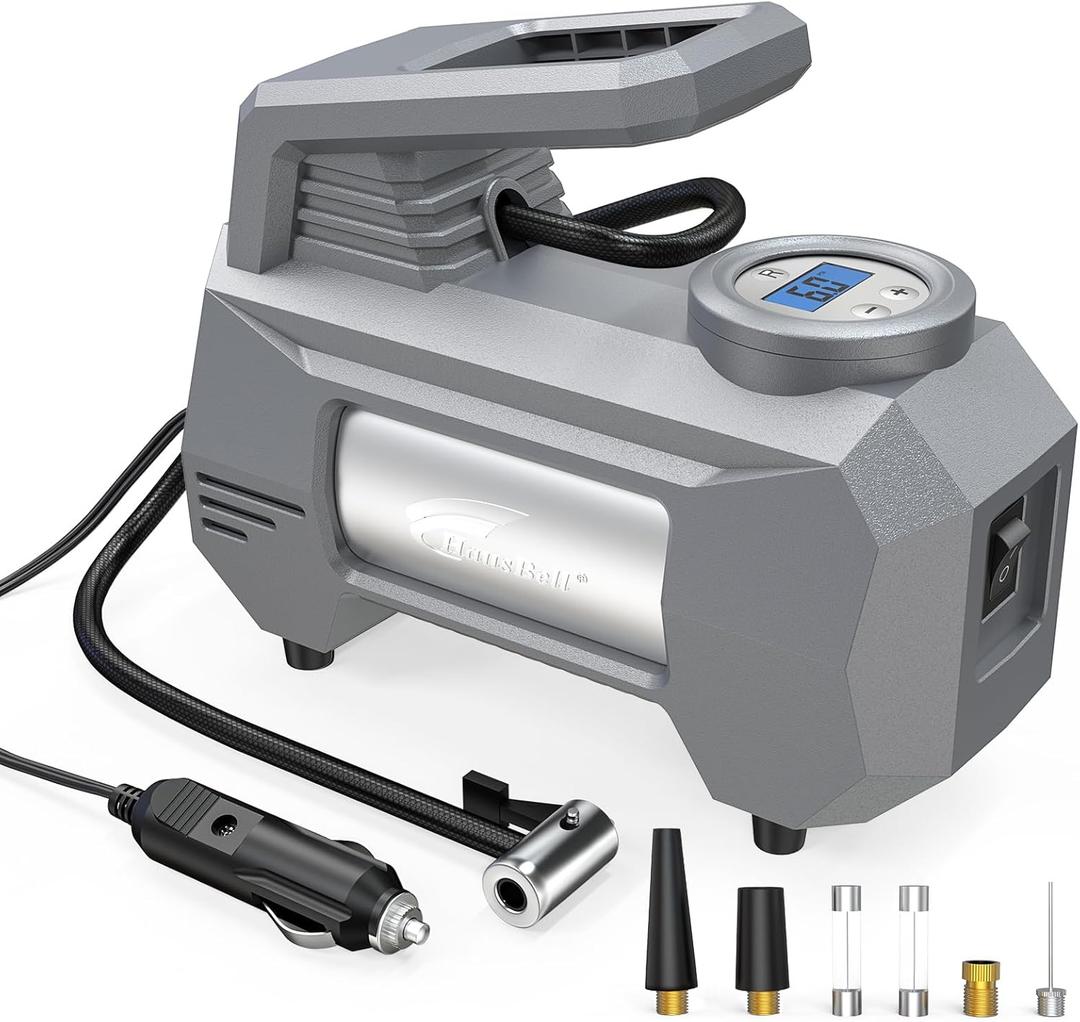 HAUSBELL Tire Inflator Portable Air pump for Car Tires, Upgraded Air Compressor for Car, 150 PSI with Emergency LED Light, 12V DC Car Air Pump with Valve Adapter, Elegant Grey