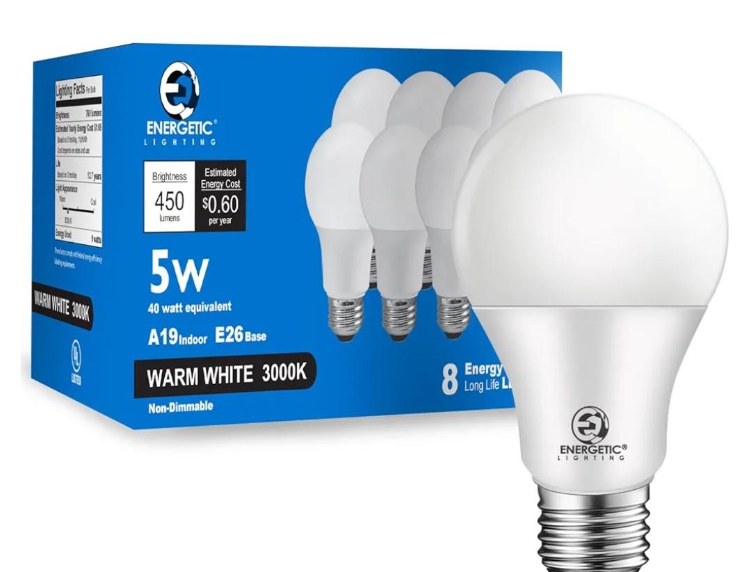 ENERGETIC LIGHTING 40W Equivalent A19 LED Light Bulb, Warm White 3000K, E26 Standard Base, ETL Listed, 5W 450lm Non-Dimmable LED Light Bulb, 8 Packs