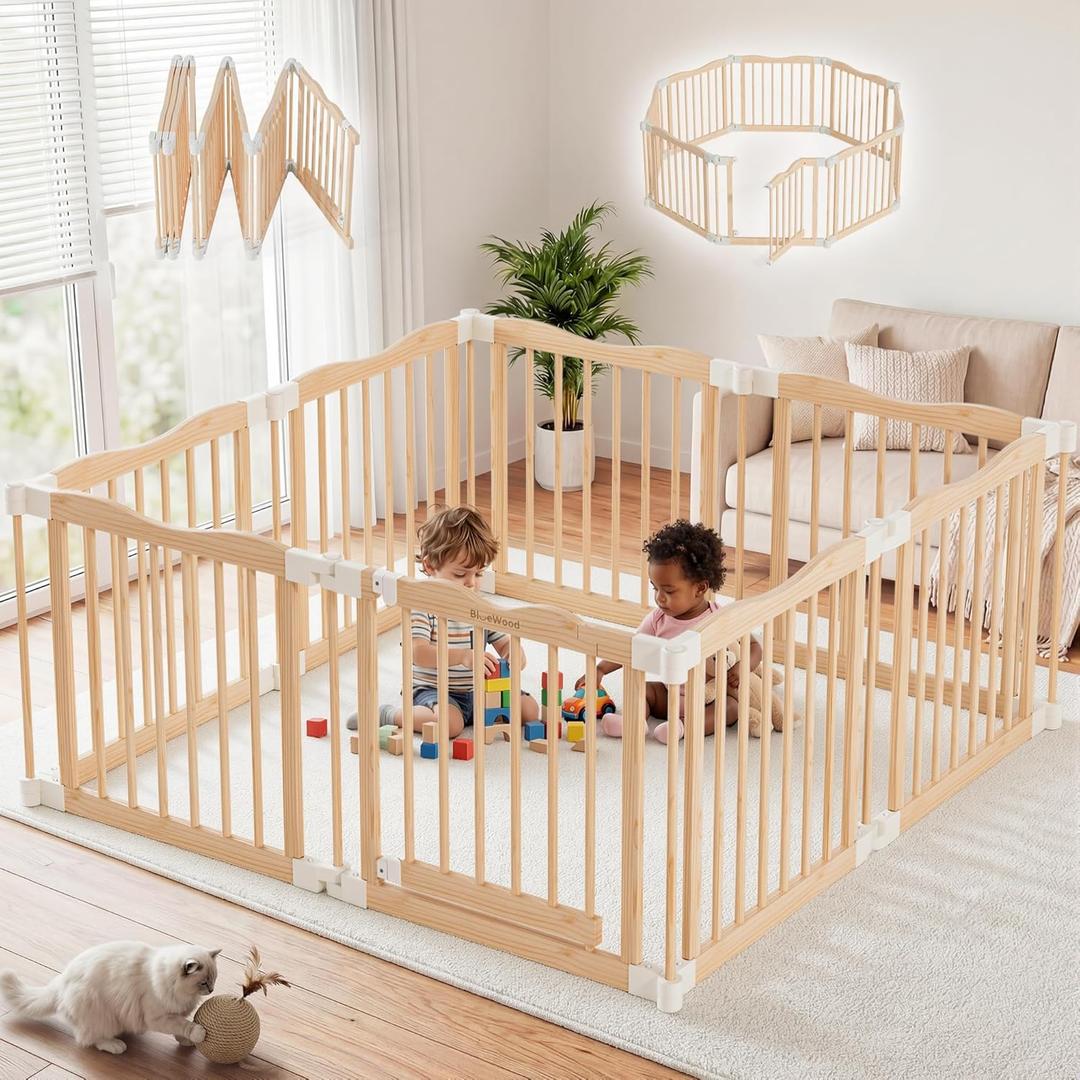 Foldable Wooden Playpen - Adjustable Wood Baby Play Yard with Door, Indoor Large Safety Fence for Babies and Toddlers - Easy Assembly, 55 x 55 x 24 inches, Nature Nest
