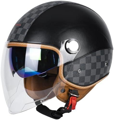 Dual Visor 3/4 Open Face Motorcycle Helmet for Men & Women, DOT Approved Unisex Retro Half HelmetMotorbike Casco for Moped Cruiser Bobber and Chopper