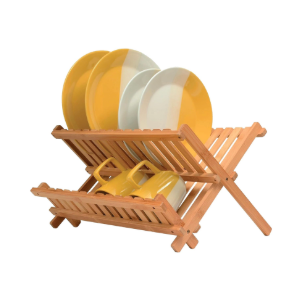 KAEASOUS Bamboo Dish Drying Rack - Large 2 Tier Wooden Dish Drying Rack for Kitchen, Wooden Plate Rack with Foldable Design, Drying Rack for Dishes, Utensils and Cups, Folding Dish Rack for Kitchen