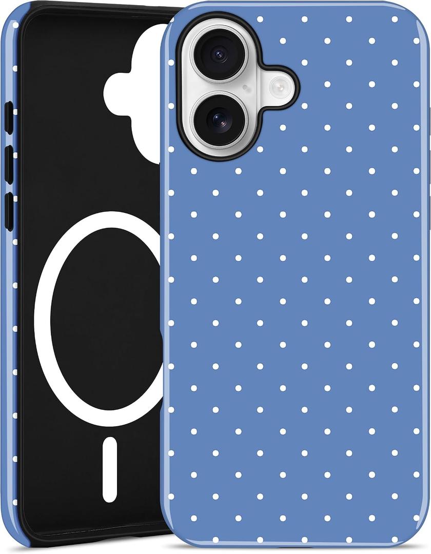 Jusy Magnetic Polka Dot Phone Case for iPhone 16,Blue White