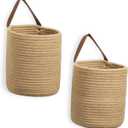 DULLEMELO Small Jute Hanging Basket 2 Pack - 7"D x 8"H, Woven Storage Basket With Leather Handle, Wall Decor Plants
