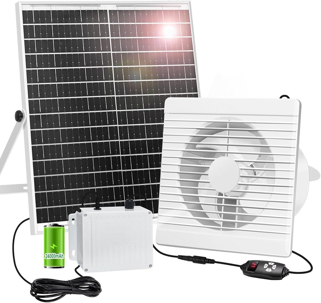 Solar Powered Fan with Battery Run Day/Night, 25W 9.8" Solar Fan for Chicken Coop with 2 Fan Speed/1-8 Cycle Timer, Waterproof Solar Greenhouse Fan for Shed, Chicken Coop, Greenhouse