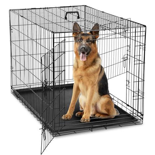 DUMOS Dog Crate, 42 Inch Large Double Door Dog Cage with Plastic Leak-Proof Pan Tray, Folding Metal Wire Pet Kennel for Indoor, Outdoor, Travel