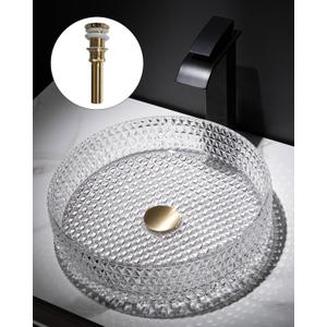 Homary Bathroom Vessel Sink Round Vessel Sink 15.35" x 4.33" Transparent Diamond Shaped Crystal Glass Bathroom Sink Above Counter Clear Glass Vessel Sinks for Bathrooms with Pop-up Drain