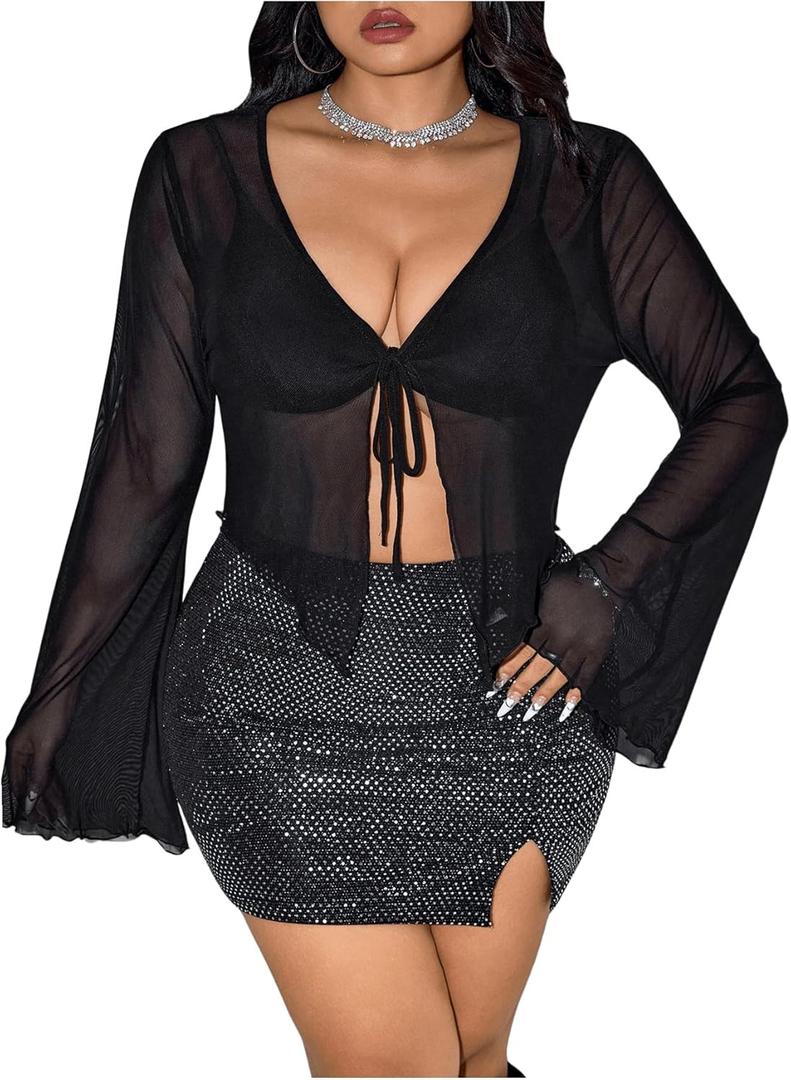 SHENHE Women's Plus Size Tie Front Sheer Mesh Bell Sleeve Shrug Bolero Cropped Top Coverup (3X-Large Plus, Black)