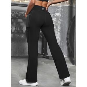 Women's High Waist Bootcut Yoga Pants with Pockets Wide Leg Workout Long Bootleg Work Pants Size L